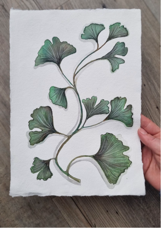 Groene ginkgo aquarel op Khadi papier