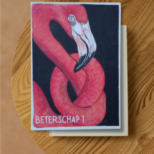 Roze flamingo met zijn nek in de knoop, als beterschapskaart