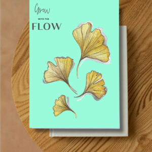 mintgroene kaart met geschilderde Ginkgo blaadjes die naar beneden dwarrelen.